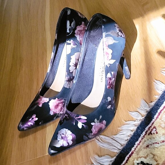 Chic Black Floral Pink Cream Lilac Design Silk Sheen Stiletto Heels 5.5 Comfort - Picture 10 of 16